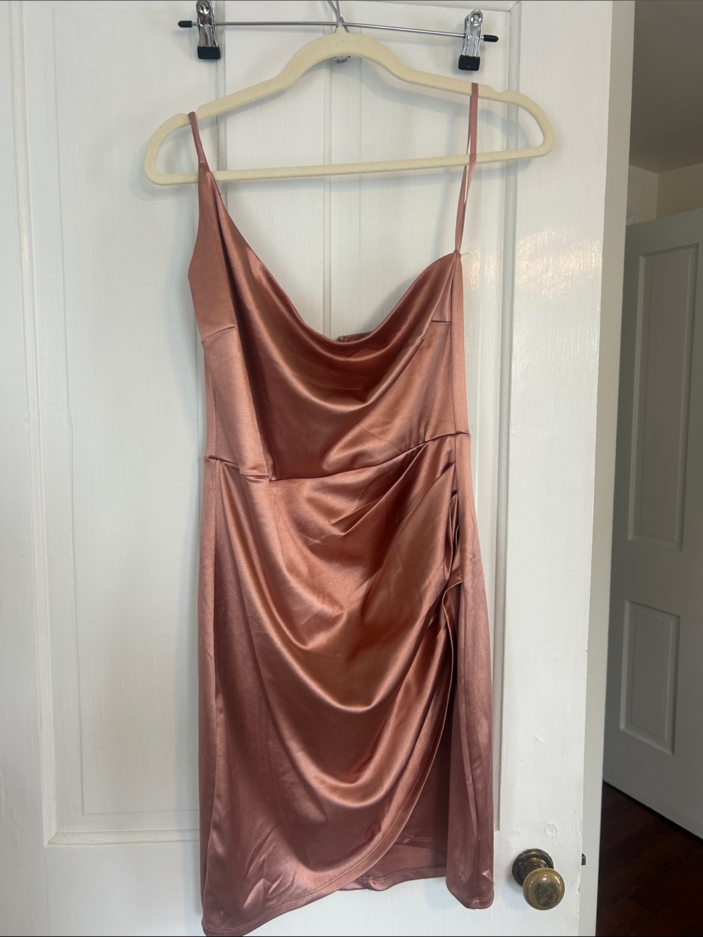 Windsor Rose Gold Satin One-Shoulder Slip Dress